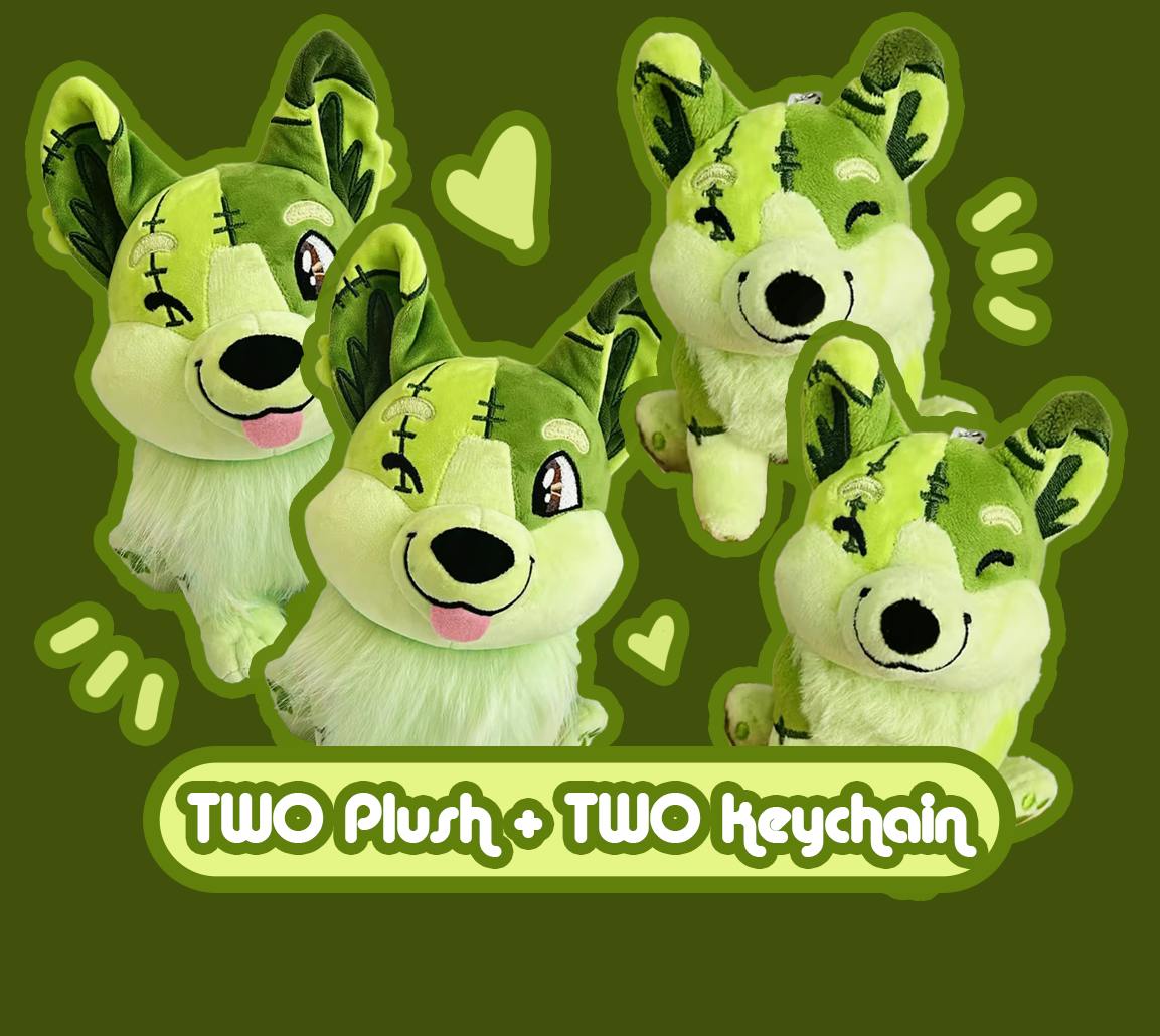 Two (2) Buster Frankencorgi Sitting Plush & Two (2) Keychain Plush