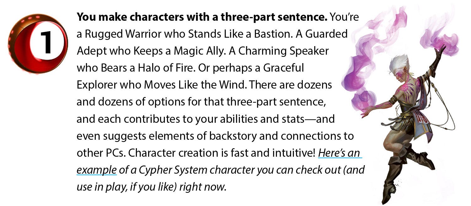 You make characters with a three-part sentence. You’re a Rugged Warrior who Stands Like a Bastion. A Guarded Adept who Keeps a Magic Ally. A Charming Speaker who Bears a Halo of Fire. Or perhaps a Graceful Explorer who Moves Like the Wind. There are dozens and dozens of options for that three-part sentence, and each contributes to your abilities and stats—and even suggests elements of backstory and connections to other PCs. Character creation is fast and intuitive! Here’s an example of a Cypher System character you can check out (and use in play, if you like) right now.
