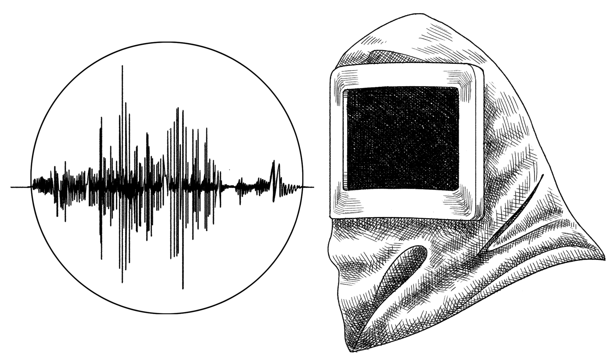  A black and white crosshatched drawing of a seismograph and a volcanologist's hood 