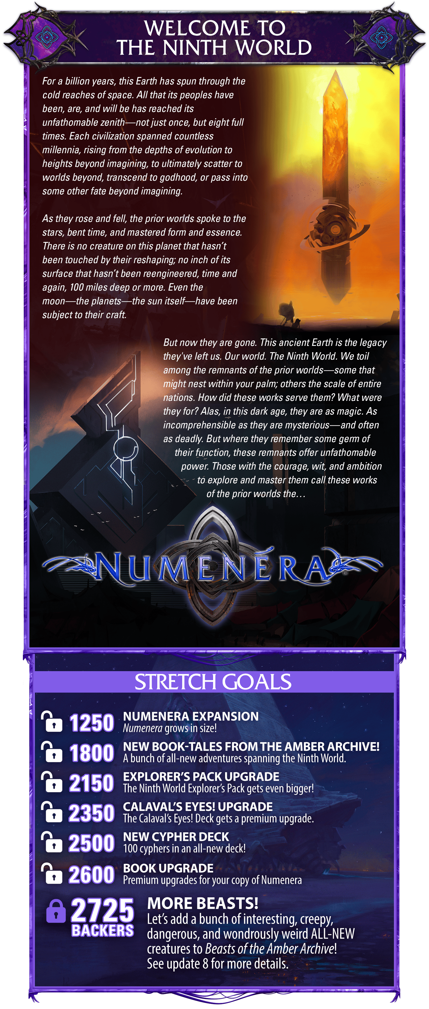 Header: Welcome to the Ninth World. Body copy: For a billion years, this Earth has spun through the cold reaches of space. All that its peoples have been, are, and will be has reached its unfathomable zenith—not just once, but eight full times. Each civilization spanned countless millennia, rising from the depths of evolution to heights beyond imagining, to ultimately scatter to worlds beyond, transcend to godhood, or pass into some other fate beyond imagining. As they rose and fell, the prior worlds spoke to the stars, bent time, and mastered form and essence. There is no creature on this planet that hasn’t been touched by their reshaping; no inch of its surface that hasn’t been reengineered, time and again, 100 miles deep or more. Even the moon—the planets—the sun itself—have been subject to their craft. But now they are gone. This ancient Earth is the legacy they've left us. Our world. The Ninth World. We toil among the remnants of the prior worlds—some that might nest within your palm; others the scale of entire nations. How did these works serve them? What were they for? Alas, in this dark age, they are as magic. As incomprehensible as they are mysterious—and often as deadly. But where they remember some germ of their function, these remnants offer unfathomable power. Those with the courage, wit, and ambition to explore and master them call these works of the prior worlds the… Numenera. Art shows the Amber Monolith as well as a cool building, plus the Numenera logo over the Order of Truth symbol. STRETCH GOALS UNLOCKED: 1250 backers: Numenera Expansion: Numenera grows in size! 1800 Backers: New book—Tales from the Amber Archive. A bunch of all-new adventures spanning the Ninth World! 2150 Backers: Explorer's Pack Upgrade. The Ninth World Explorer's Pack gets even bigger! 2350 Calaval's Eyes! Upgrade. The Calaval’s Eyes! Deck gets a production upgrade with premium features. 2500: New Cypher Deck. 100 cyphers in an all-new deck! 2600: Book Upgrade. Premium upgrades for your copy of Numenera LOCKED: 2725 BACKERS: MORE BEASTS! Let’s add a bunch of interesting, creepy, dangerous, and wondrously weird ALL-NEW creatures to Beasts of the Amber Archive! See update 8 for more details.