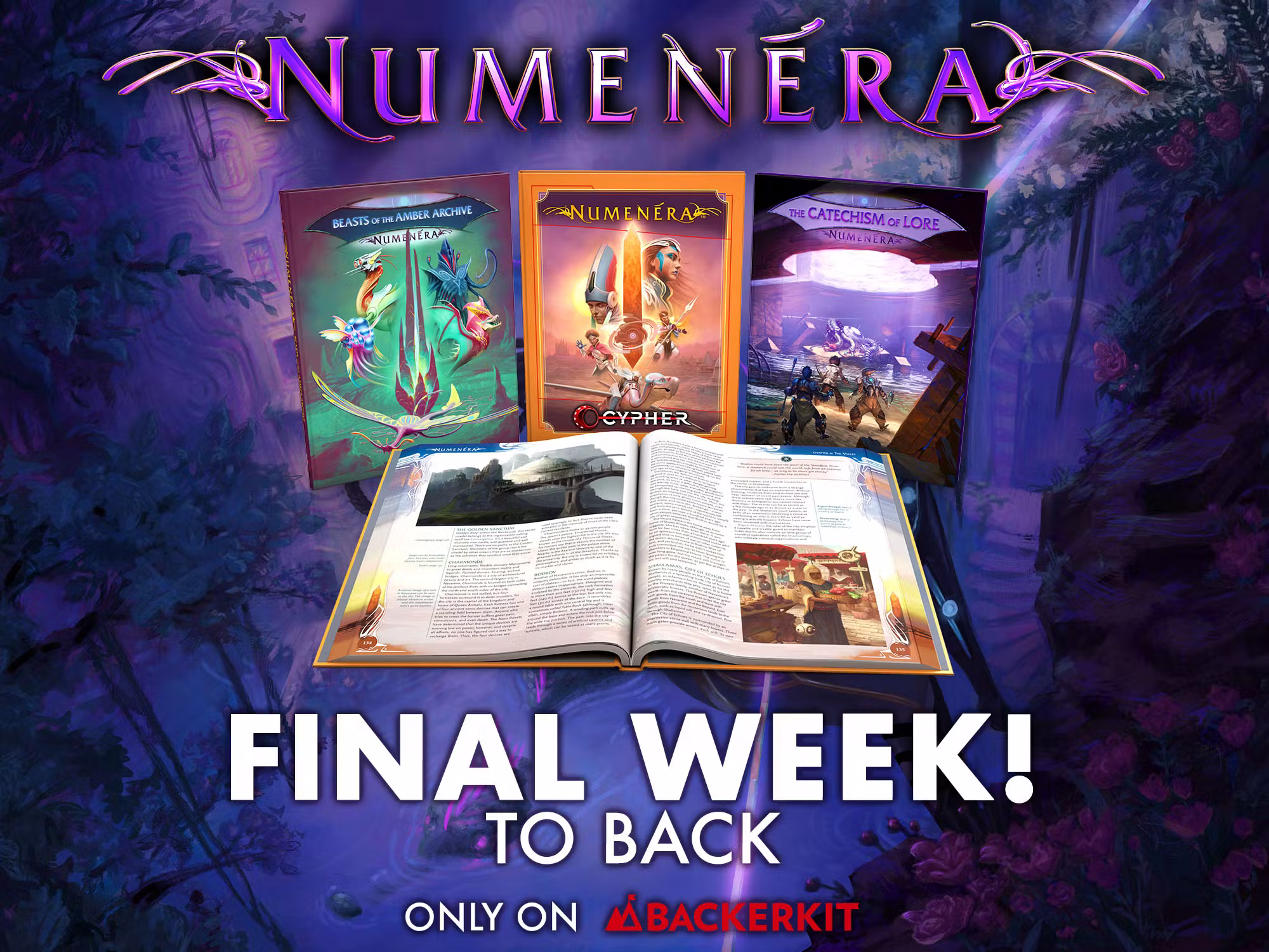 Illustration of three new Numenera books and the text Final Week! to back only on BackerKit.