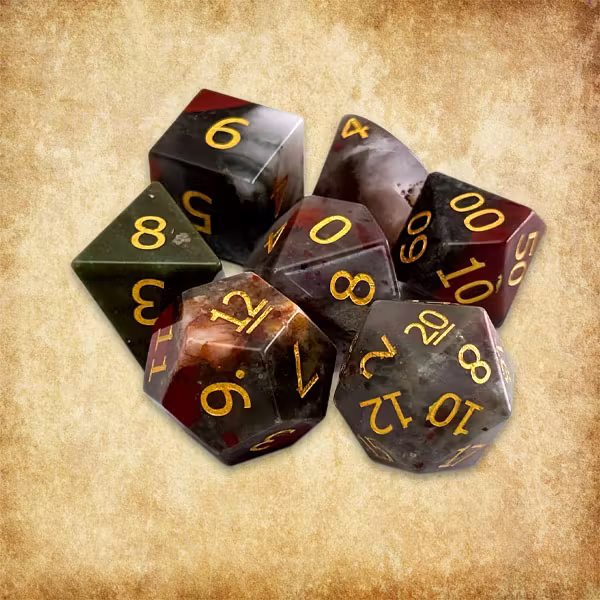 Blood Rock dice: gemstone dice, bloodstone, traditional 7