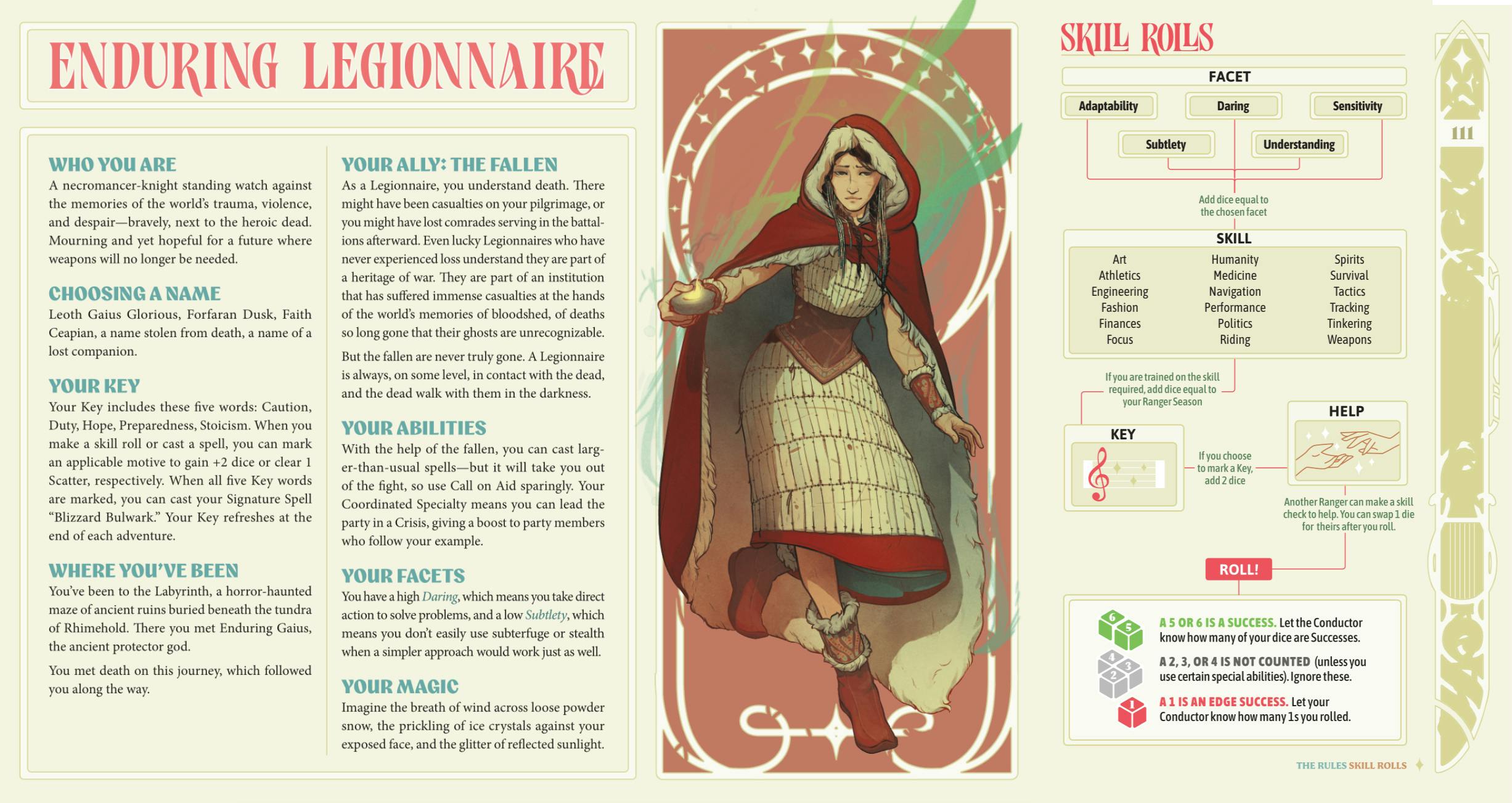 excerpt from the book showing the enduring legionnaire, character creation questions, and the skill roll procedure