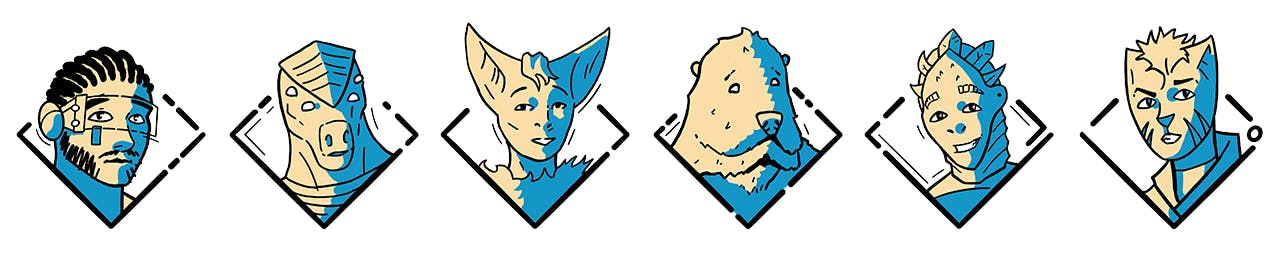 Representations of the different species of pilot, from Apollonian to Mo'nau.