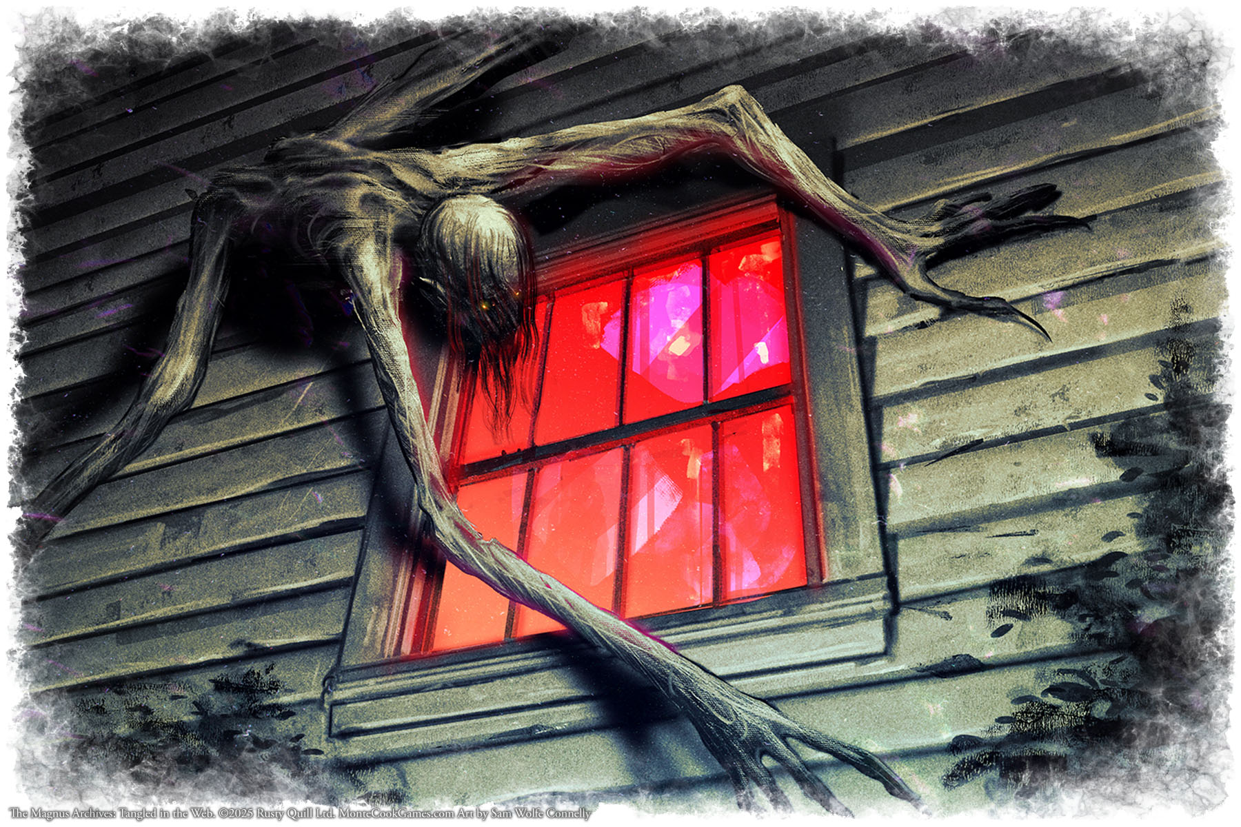 Image looking up at the side of a building toward a second-floor window. A creepy long-limbed creature crawls along the wall toward the window.