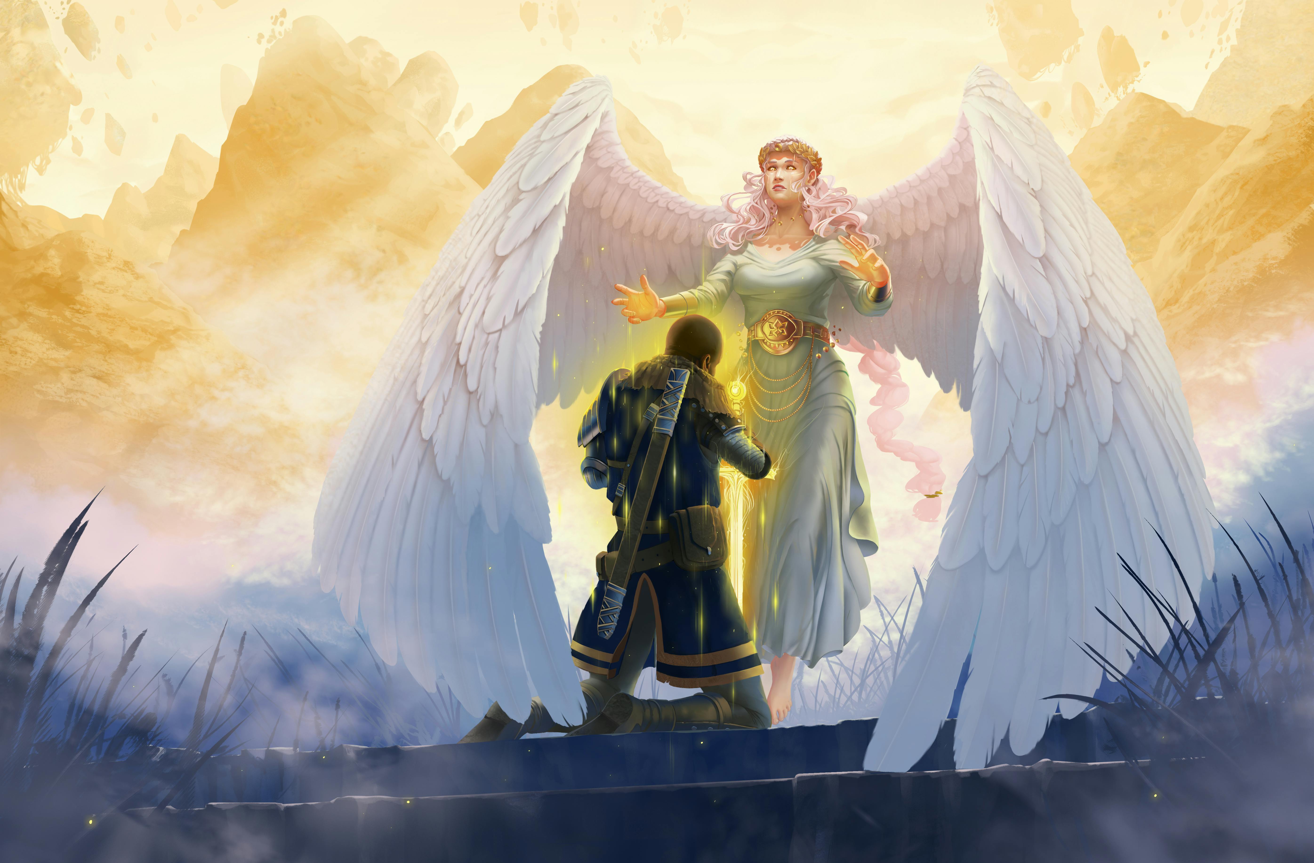  A resplendent angel grants a blessing represented by a golden glow to a warrior kneeling before her. All around them beams of warm light bathe the heavens as mountains float in the sky behind  