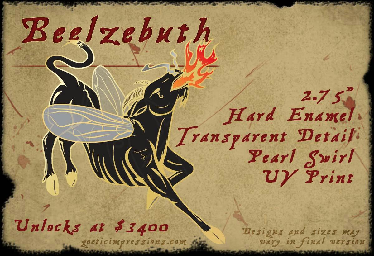 Enamel pin design of Beelzebuth as a calf, goat, with fly wings spitting fire inspired by the Grimorium Verum