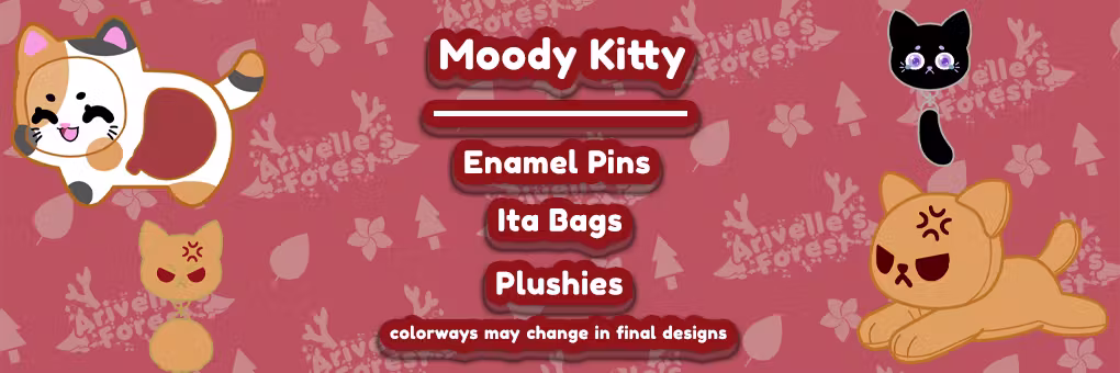 Moody Kitty Pins, Ita Bag, and Plushie