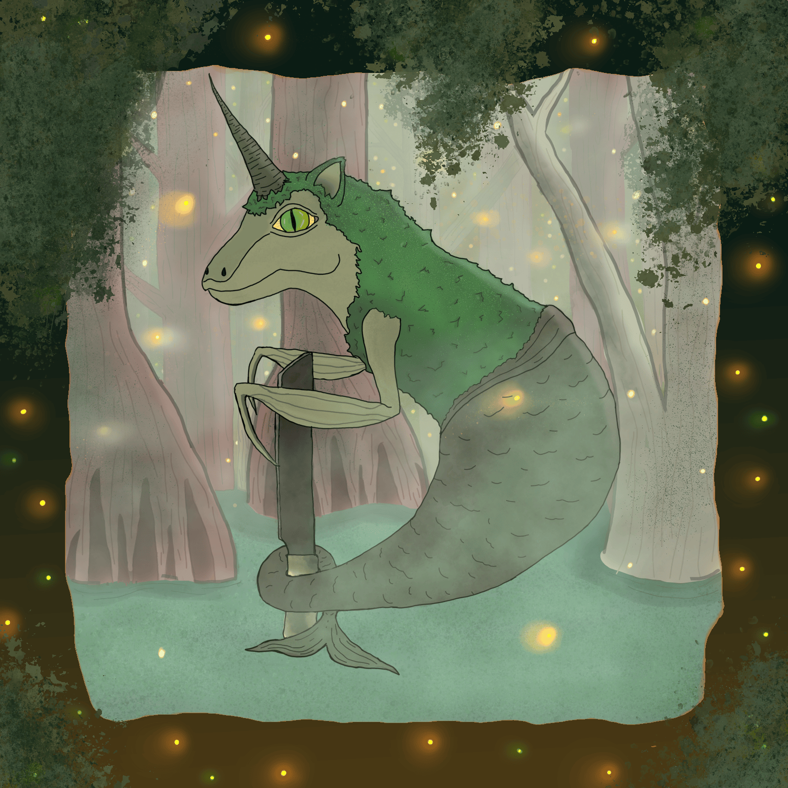 A mermaid, lizard, cat hybrid floats about swampy water. They are surrounded by fairyflies and cypress trees