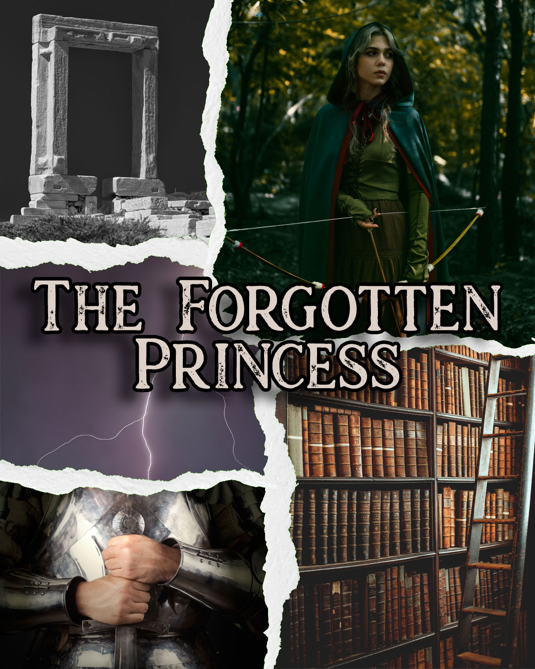 Moodboard for The Forgotten Princess, showing a stone doorway, a female archer, a lightning bolt, a library shelf full of books and a ladder, and a knight grasping their sword.