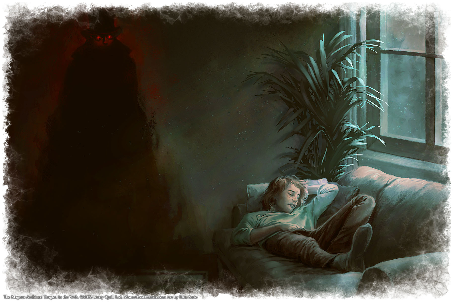Image of a person asleep on a couch. A dark shape with glowing red eyes is taking form in the shadows.