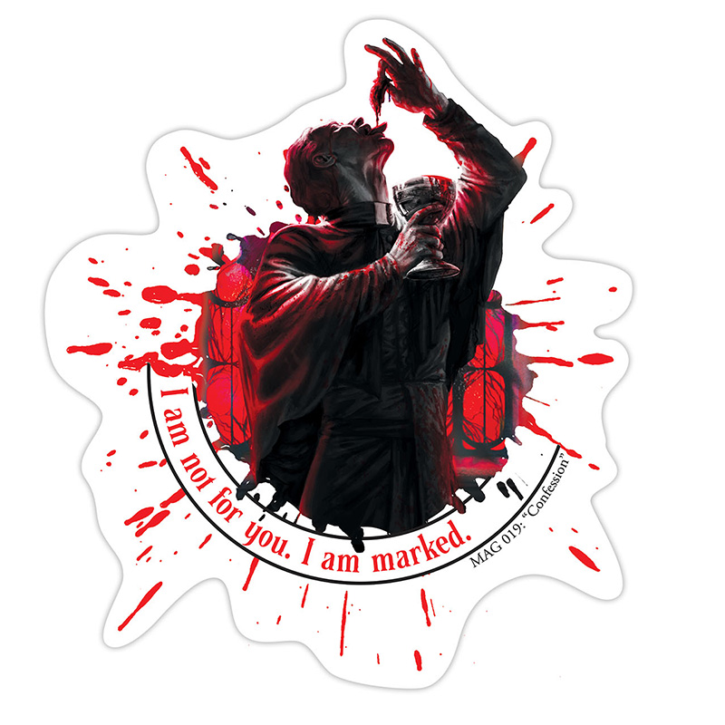 Mockup of a sticker showing a priest eating an unsavory something, with the words "I am not for you. I am marked."