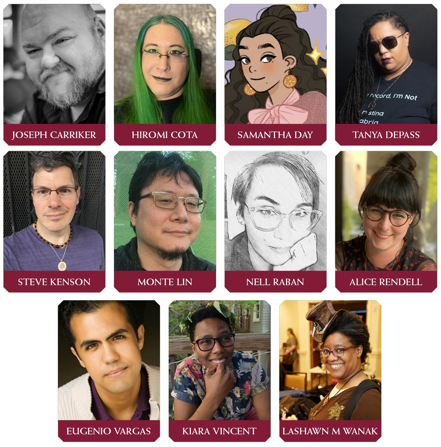 A grid of portraits of the Fifth Season Roleplaying writing and development team, arranged in alphabetical order.