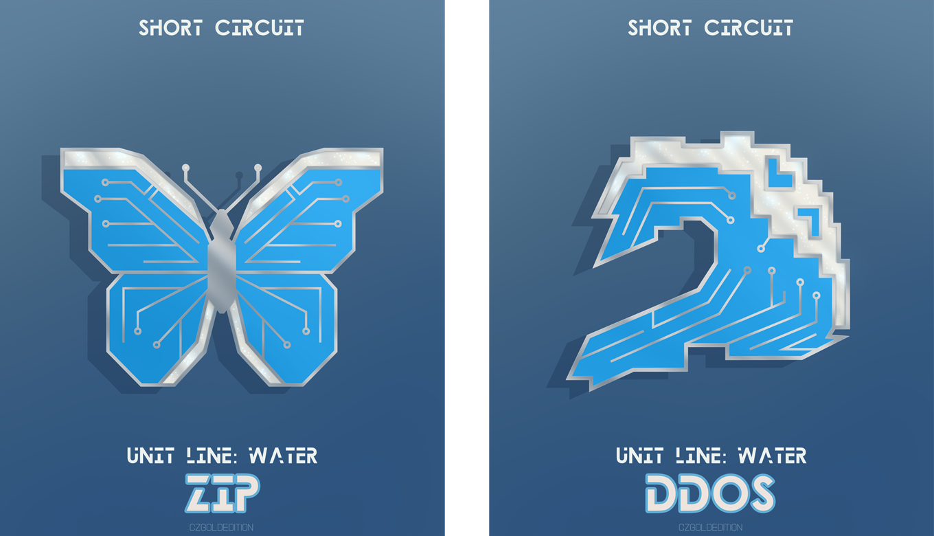 On the left, a design for an enamel pin of a blue printed circuit board in the likeness of a morpho butterfly. Text on the image reads, "Short Circuit", "Unit Line: Water", "Zip". On the right, a design for an enamel pin of a blue printed circuit board resembling a wave. Text on the image reads, "Short Circuit", "Unit Line: Water", "DDoS".