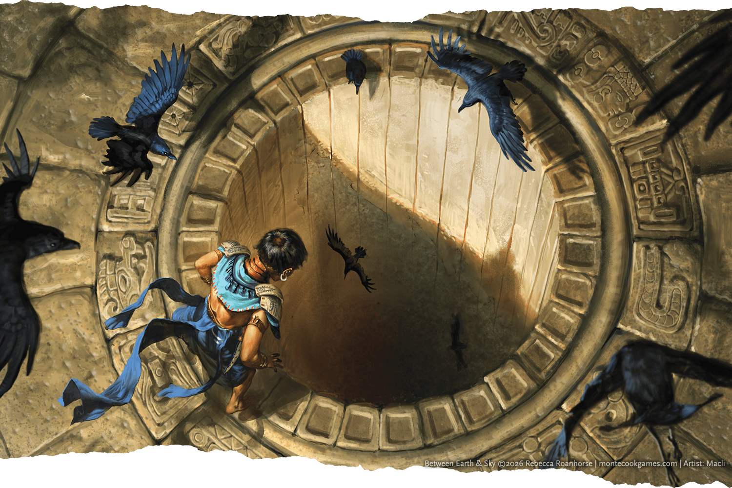 A character stands at the top of a large hole made of stonework, led there by crow companions.