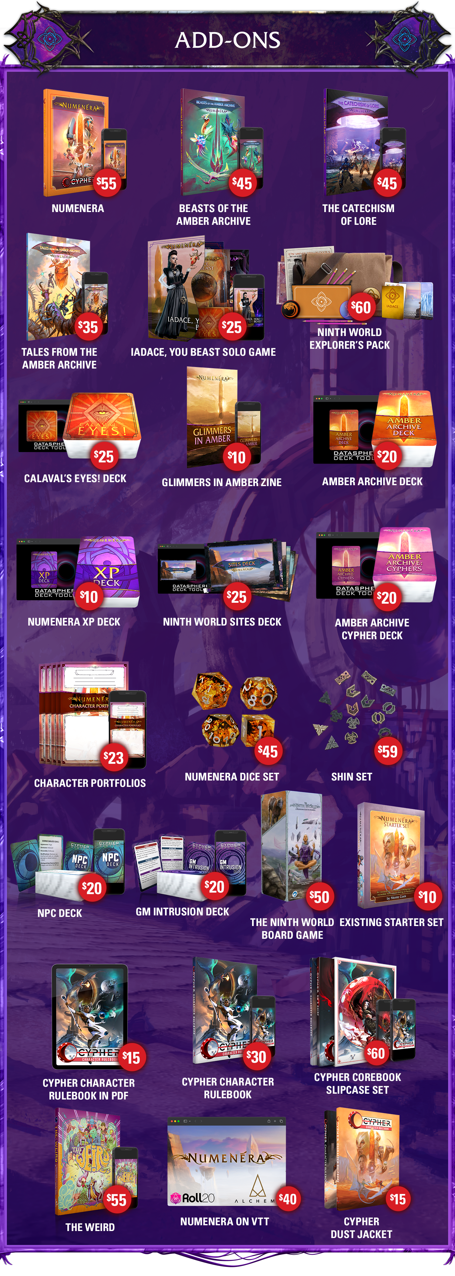Header: Add-Ons. Numenera: $55. Beasts of the Amber Archive: $45. The Catechism of Lore: $45. Tales from the Amber Archive: $35. Iadace, You Beast solo game: $25. Ninth World Explorer's Pack: $60. Calaval's Eyes! Deck: $25. Glimmers in Amber zine: $10. Amber Archive Deck: $20. Numenera XP Deck: $10. Ninth World Sites Deck: $25. Cypher Deck: $20. Numenera Character Portfolios: $23. Numenera Dice Set: $45. Shin Set: $59.  The Ninth World Board Game: $50. Existing Starter Set: $10. NPC Deck: $20. GM Intrusion Deck: $20. The Weird: $55. Cypher Character Rulebook in PDF: $15. Cypher Character Rulebook in print: $30. Cypher Corebook Slipcase Set: $60. Numenera on VTT: $40. Cypher Dust Jacket $15.