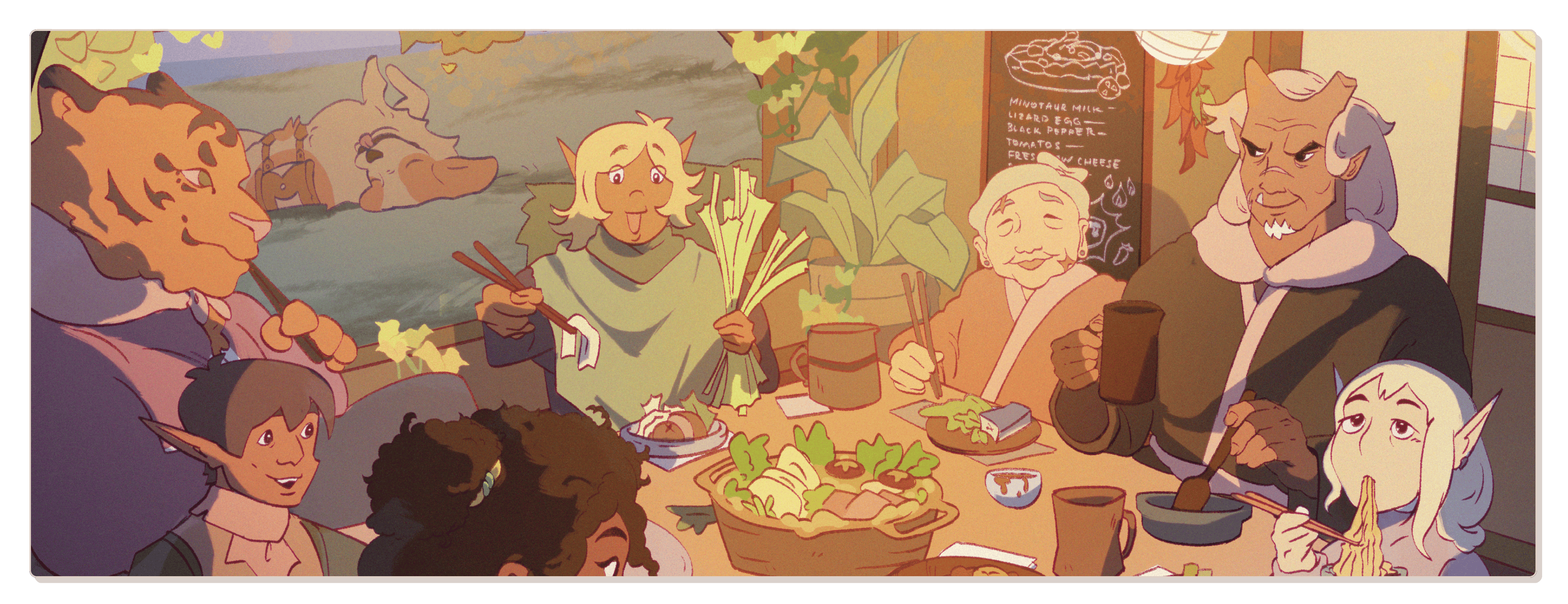 A cute anime-style illustration of a group of patrons sitting around a table eating noodles.
