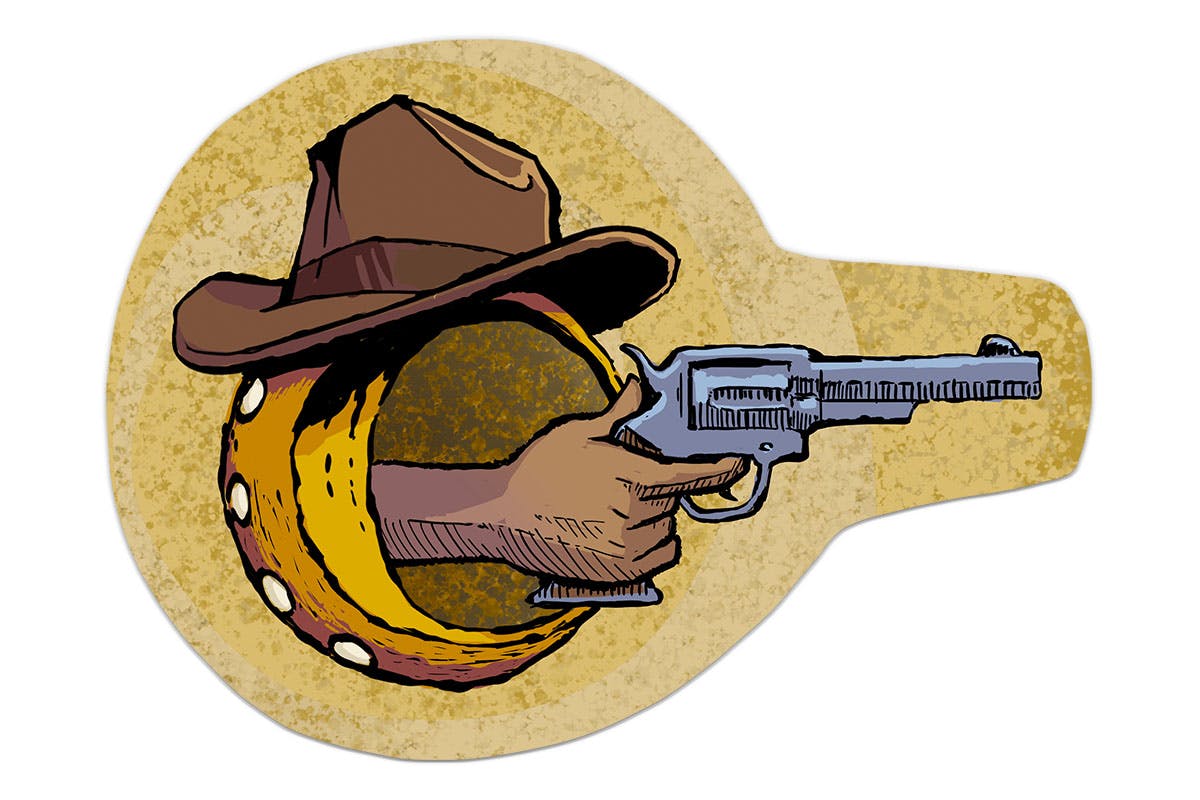 A mockup of a sticker showing a hand with a revolver emerging from the Cypher logo bug, on which is perched a cowboy hat.