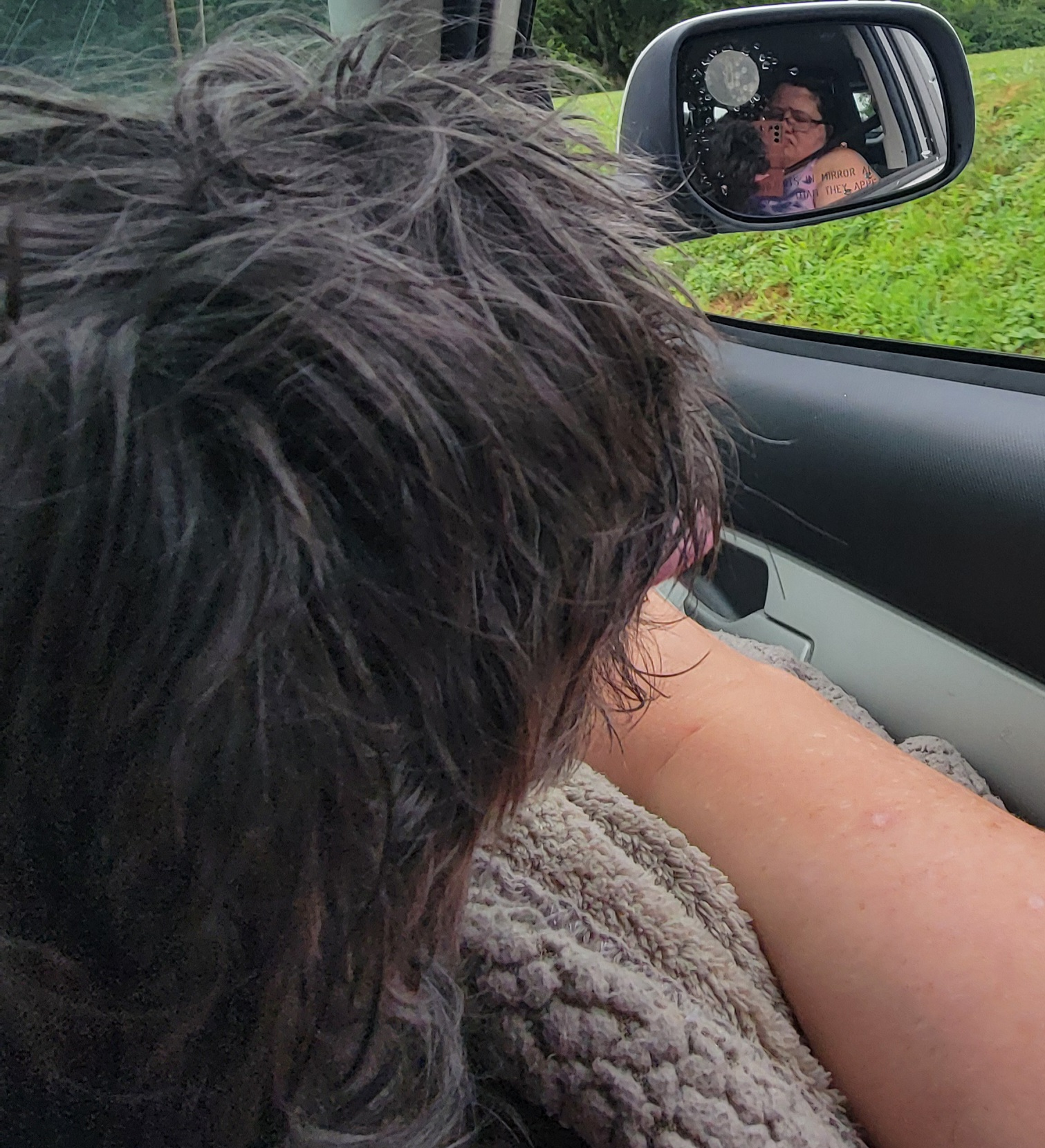 a picture of Lilo, a Black Shorkie (Yorkie and Shih Tzu Mix) as she's riding in the car on my lap