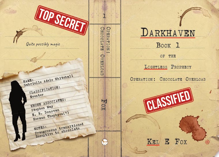 draft case design for Darkhaven, Operation Chocolate Overload, by Kel E Fox. It's an old busted-up folder with coffee stains and 'top secret' stamps on it