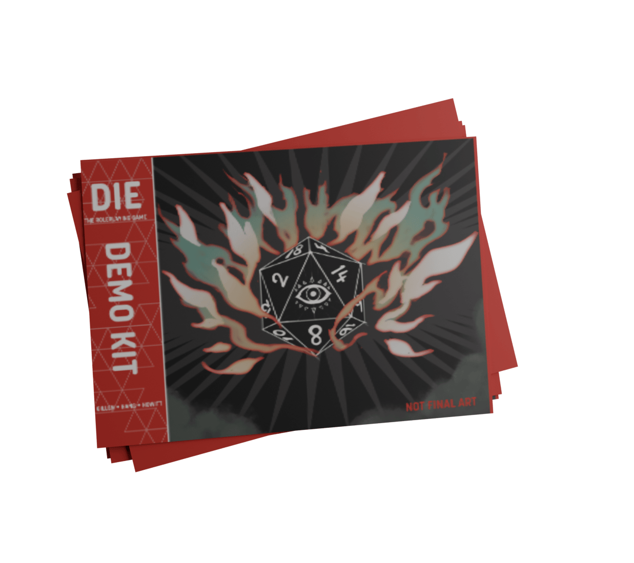 The DIE RPG demo kit. A stack of A5 cards, their contents as yet a delightful mystery except for the cover, which shows a black D20 wreathed in red and green flame.