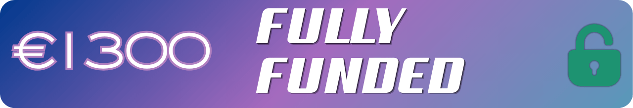  Text: €1300 Fully Funded on a blue and purple gradient with an open green lock at the side