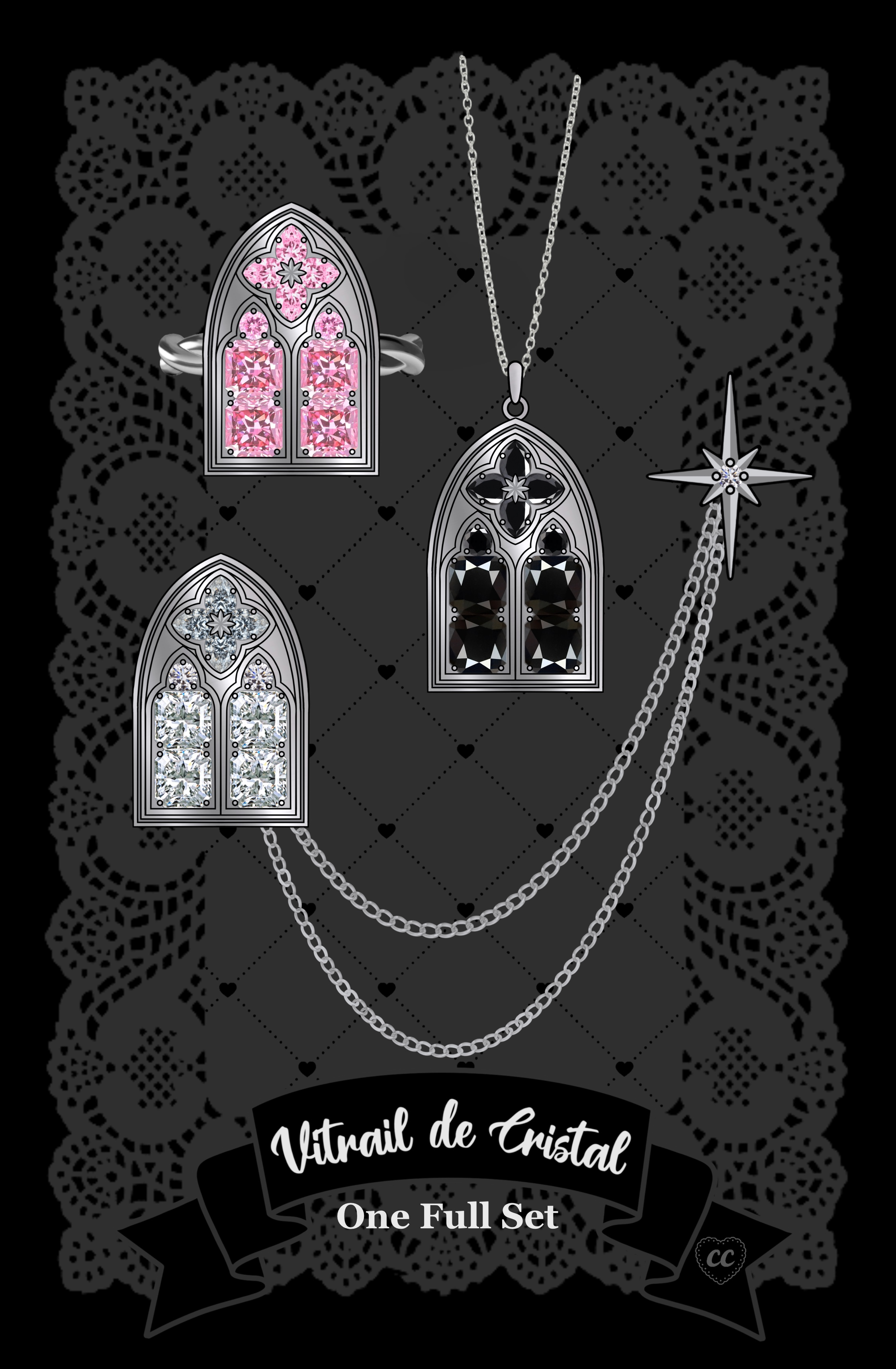 Vitrail de Cristal collar pin, necklace, and ring SET