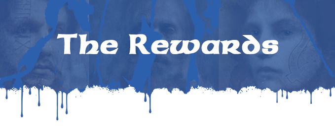There is a new section header. It has the same composite blue dripping graphic as the first section. White text on top of the blue reads, The Rewards.