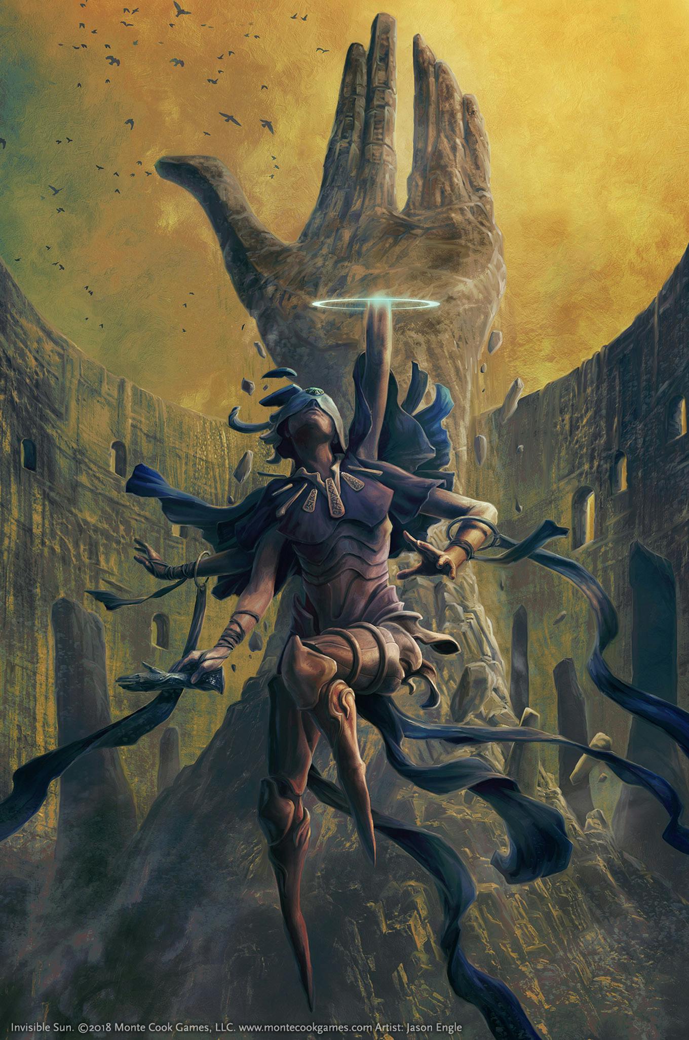 An illustration of a vislae character standing in front of the testament of suns.