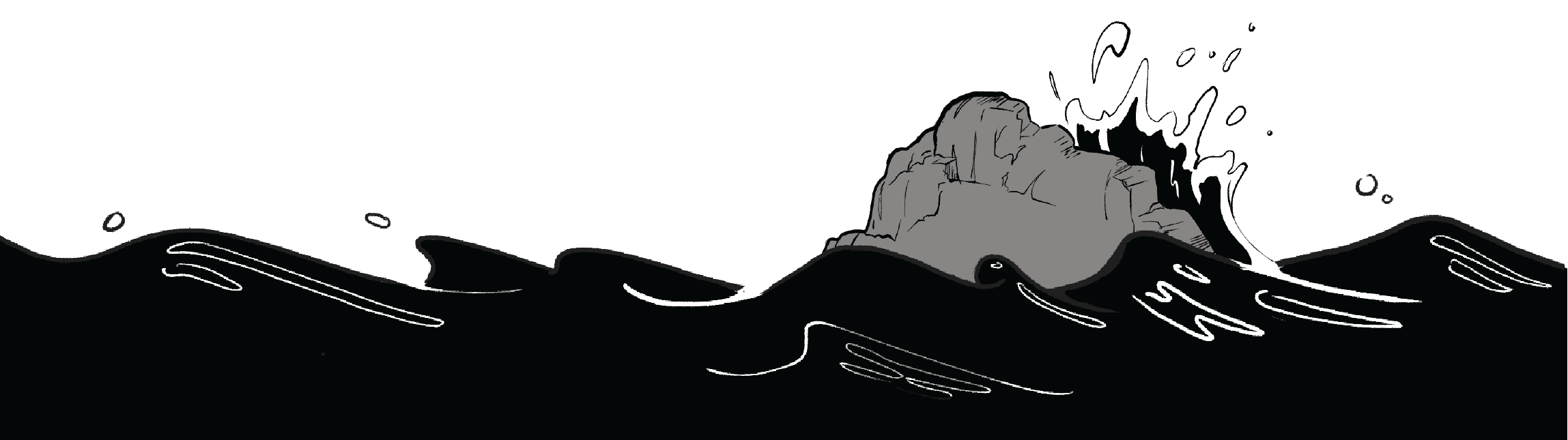 an inky footer with waves crashing on rocks