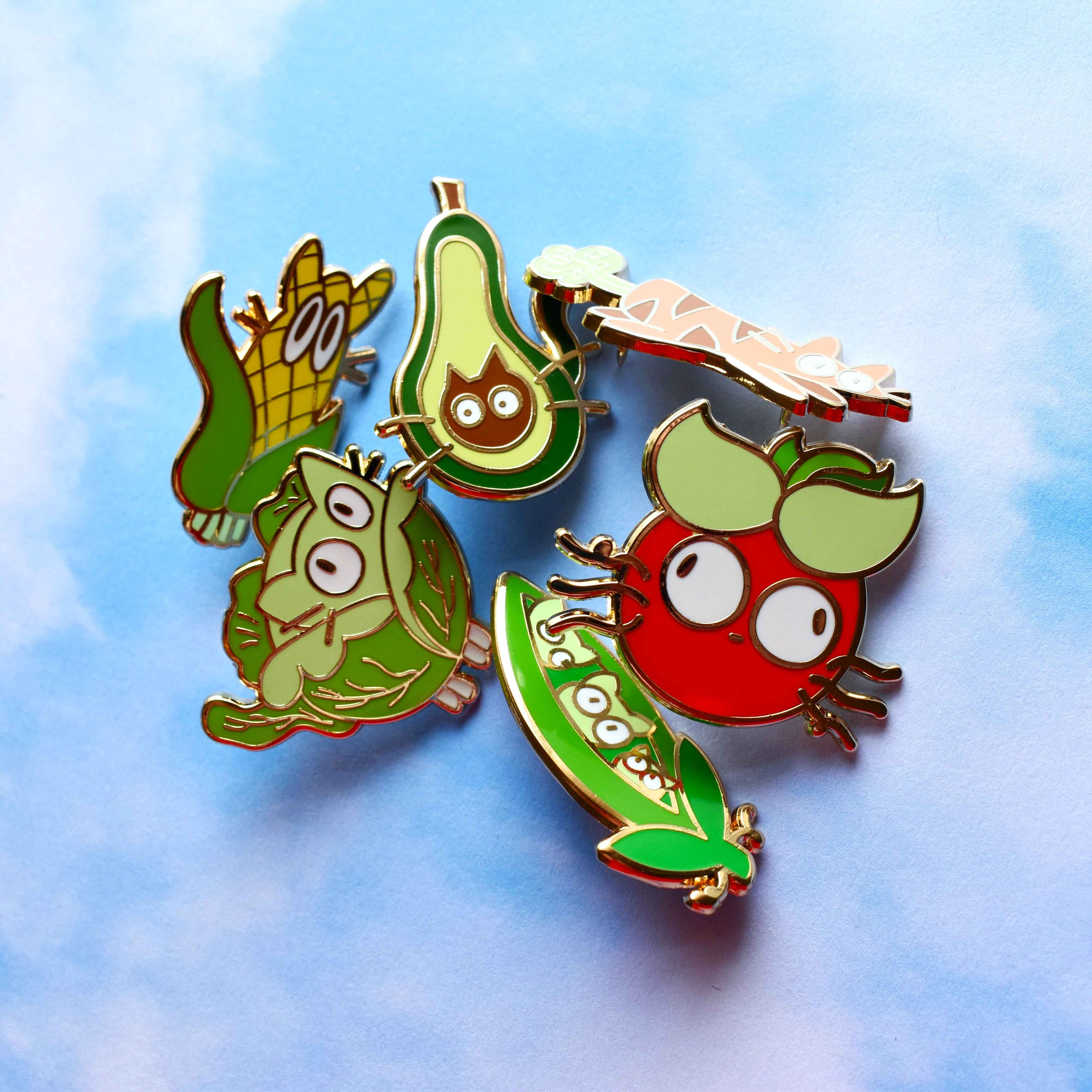Set of Six Veggie Cats Seconds Grade Enamel Pins