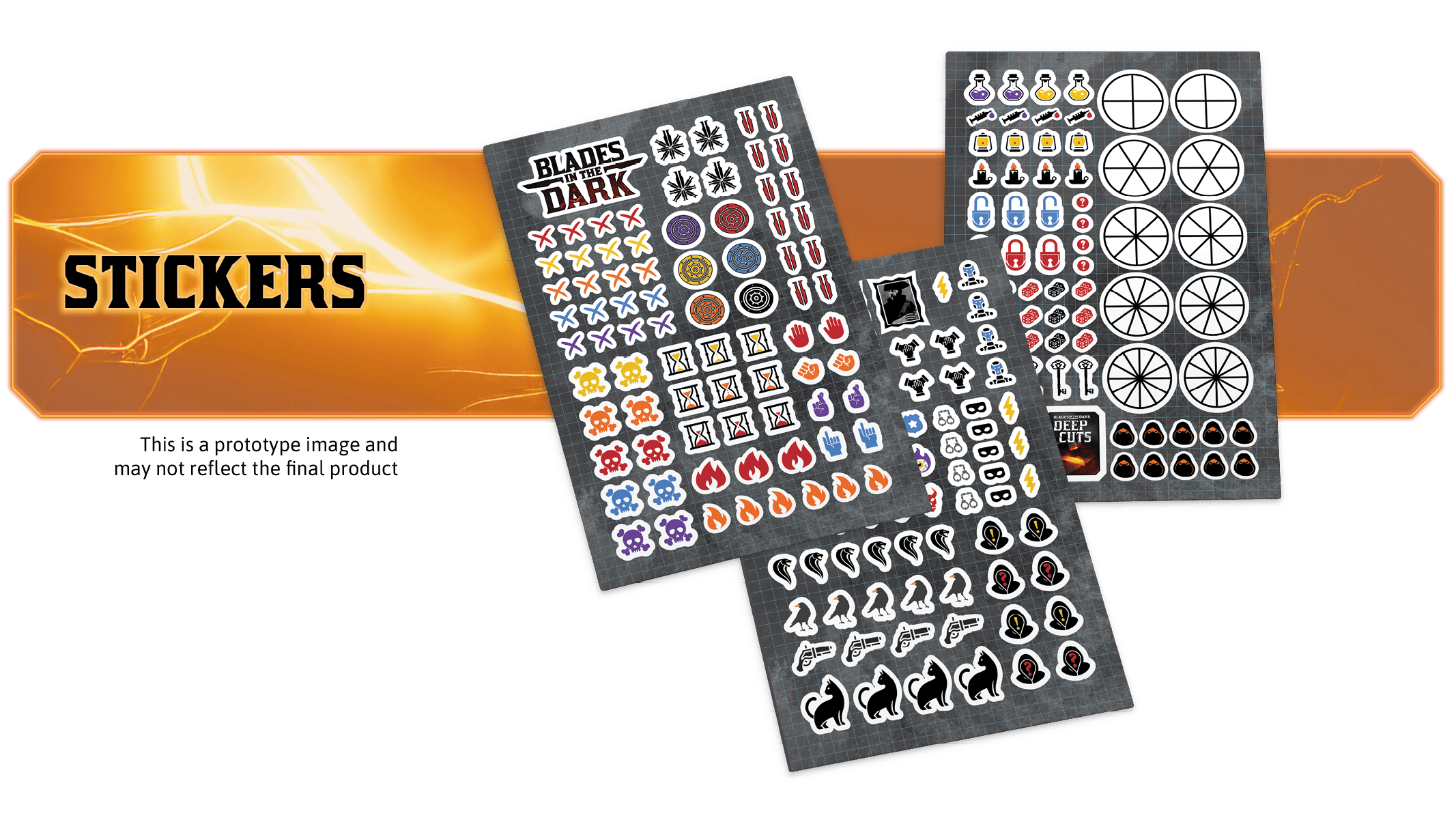 A mockup of the three pages of stickers that were unlocked. They include a variety of icons: potions, skull and crossbones, flintlock pistols, the twin daggers, and more. It also includes two sets of clock icons divided variously into 4, 6, 8, 10, and 12 segments.