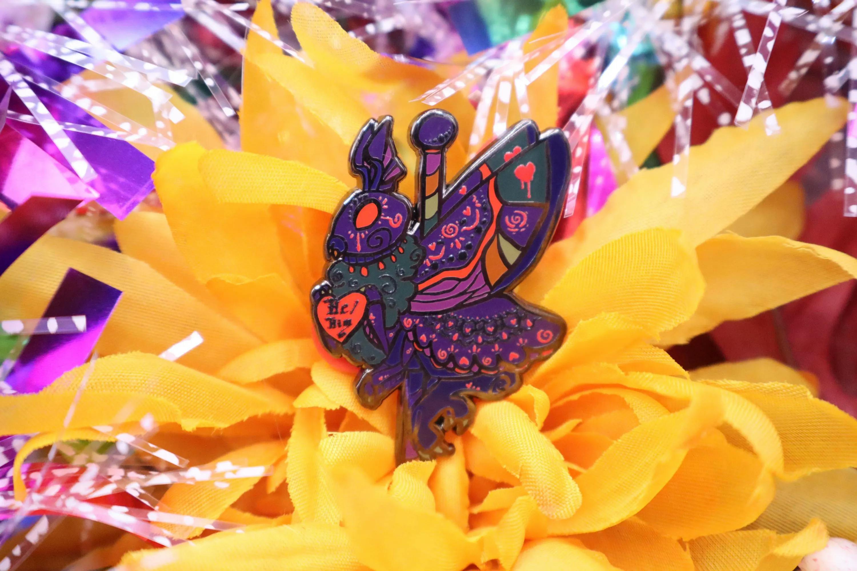 He/Him Mothman pronouns cryptid carousel enamel pin