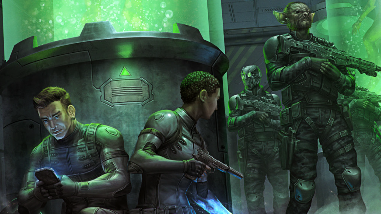 Illustration showing two spies wearing stealth suit and hiding behind a big glass tank filled with a greenish liquid and a strange hybrid creatures floating inside. Behind them, a group soldiers wearing dark uniforms patrol, looking for the spies. One of the soldiers's face looks like a bat.