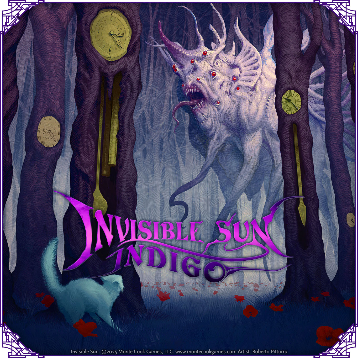 Invisible Sun art featuring a large creature wandering through a forest of trees with clocks in their trunks, with the Invisible Sun: Indigo logo. Right-click to download and share.