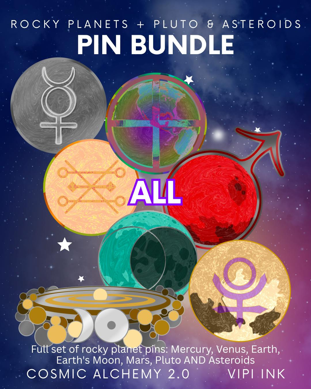 Rocky Planet (plus Pluto & Asteroid) Enamel Pin BUNDLE