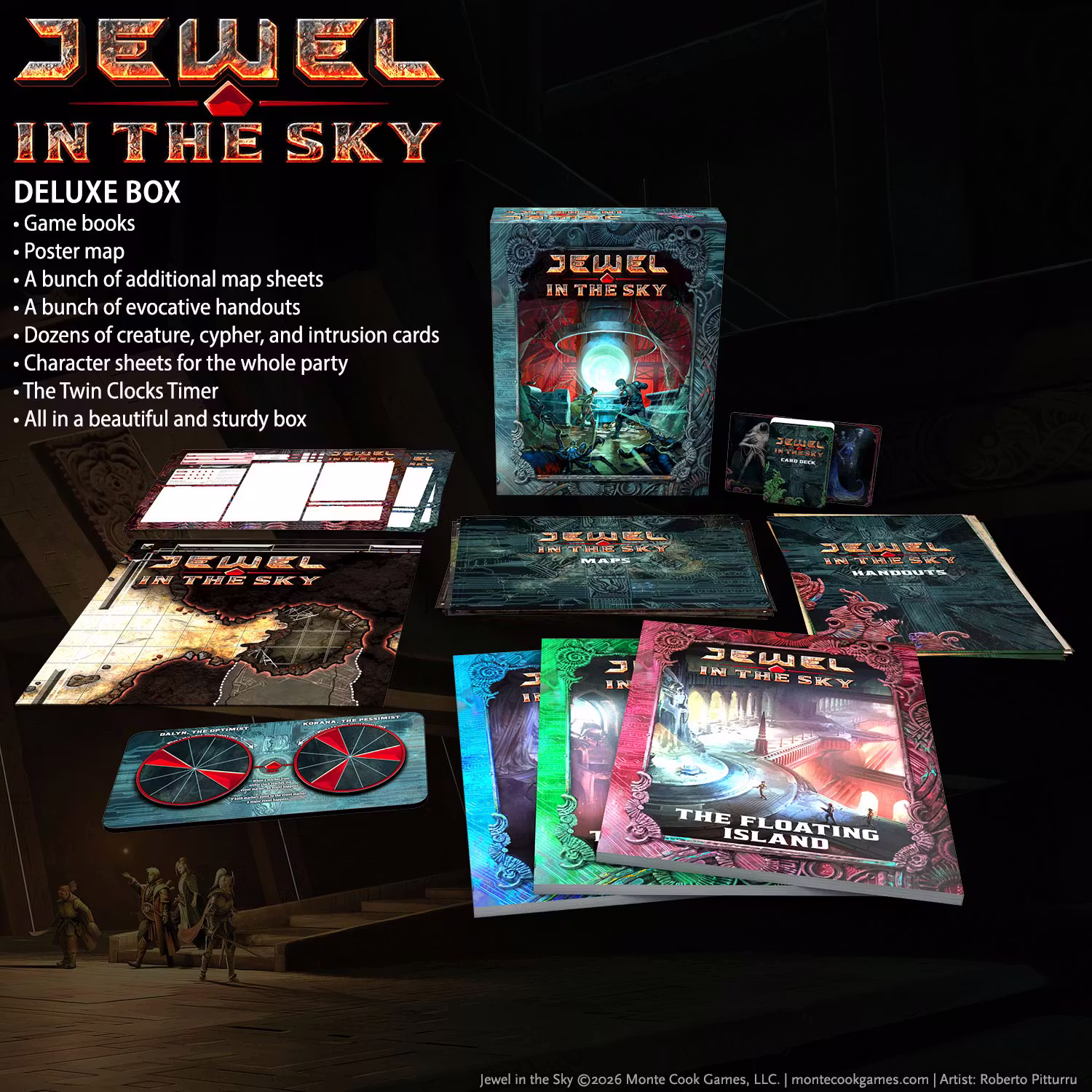 Graphic with the Jewel in the Sky logo and the deluxe boxed set, showing books, cards, handouts, maps, and other components.