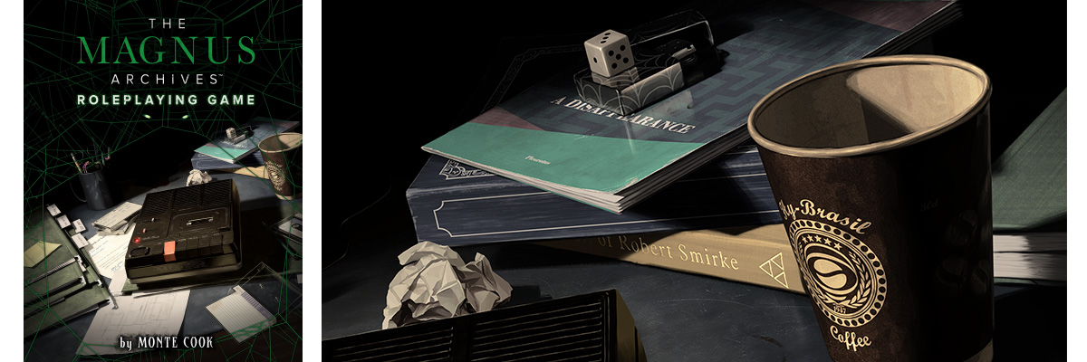 The cover image shows a cassette player and other items on a crowded desk; a detail image focuses on some of those items, including a web-patterned lighter, a book by Robert Smirke, and a coffee cup with a logo that suggests the form of an eye.