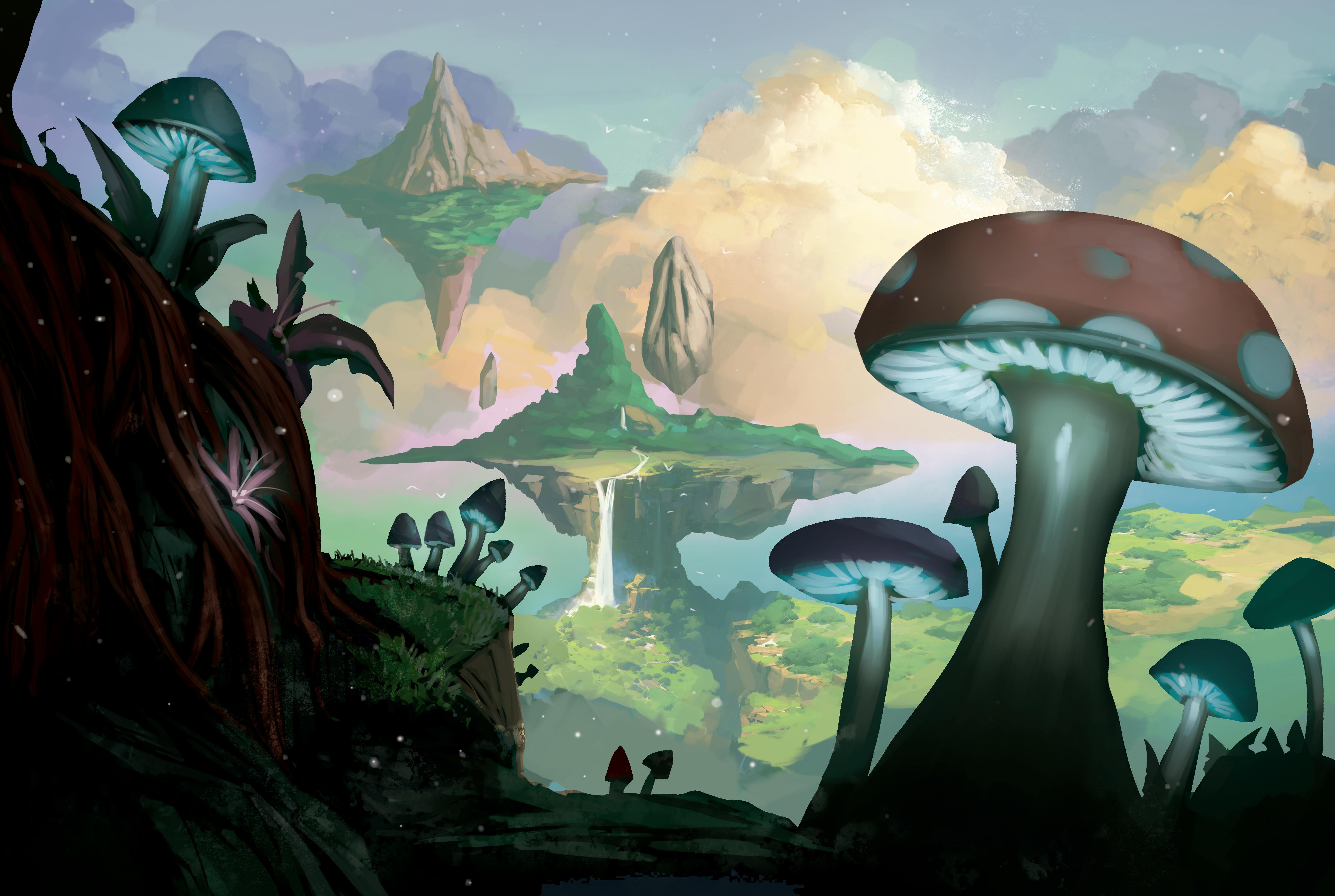  A fantastical landscape with giant mushrooms, upside-down islands floating in the skies and clouds of a range of colors. 