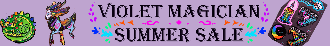 violet magician summer sale banner with vibrant colourful enamel pins supportive of pride.https://www.backerkit.com/call_to_action/4ce49100-15f9-40e9-a5d8-b5e2590ac751/landing