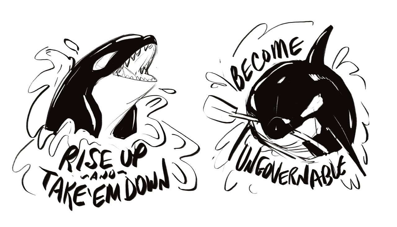 Two sticker concepts with orcas, one has an orca breaching with Rise Up and Take 'Em Down text and the other is biting an oar and says Become Ungovernable