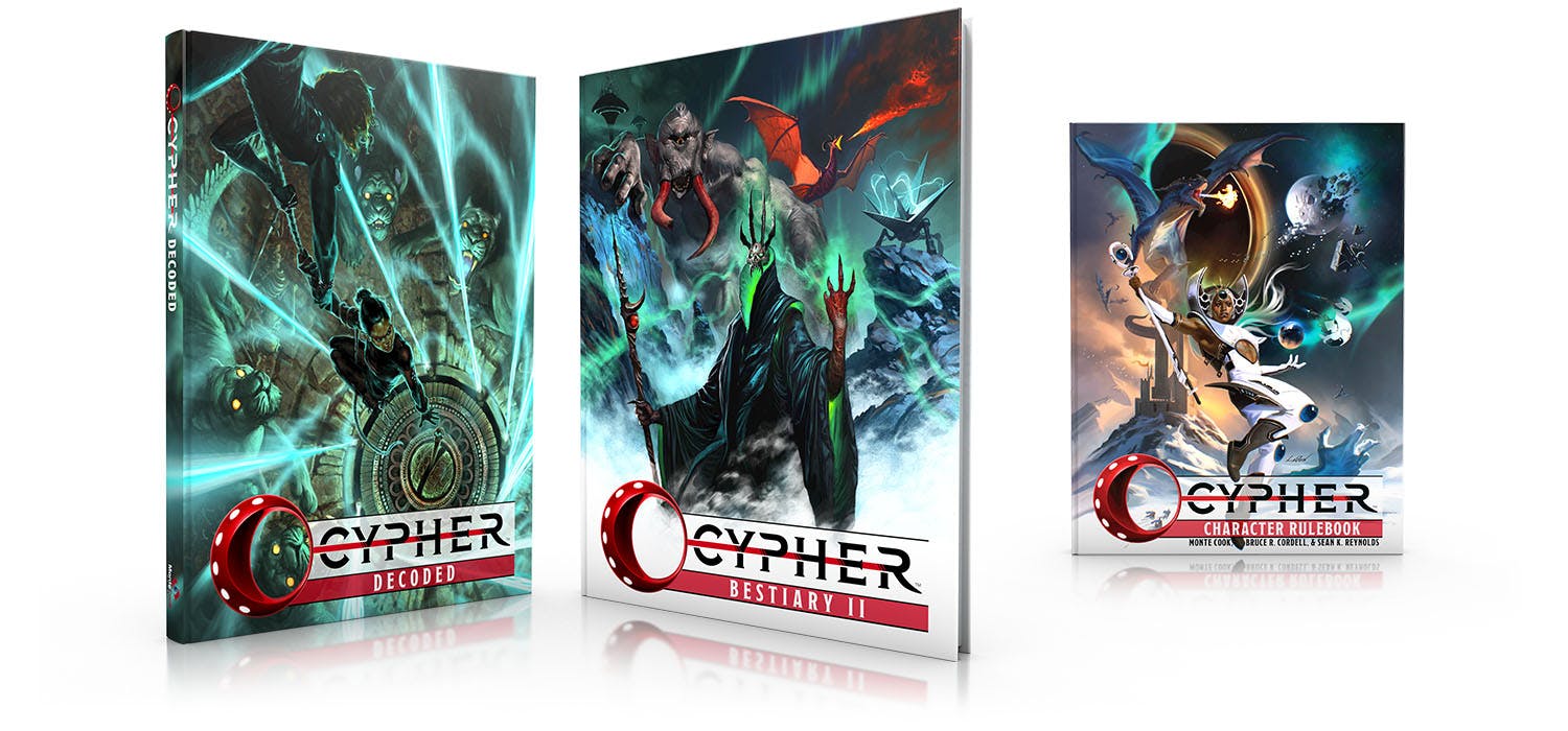 An image showing Cypher Decoded and Cypher Bestiary II in front of Cypher Character Rulebook