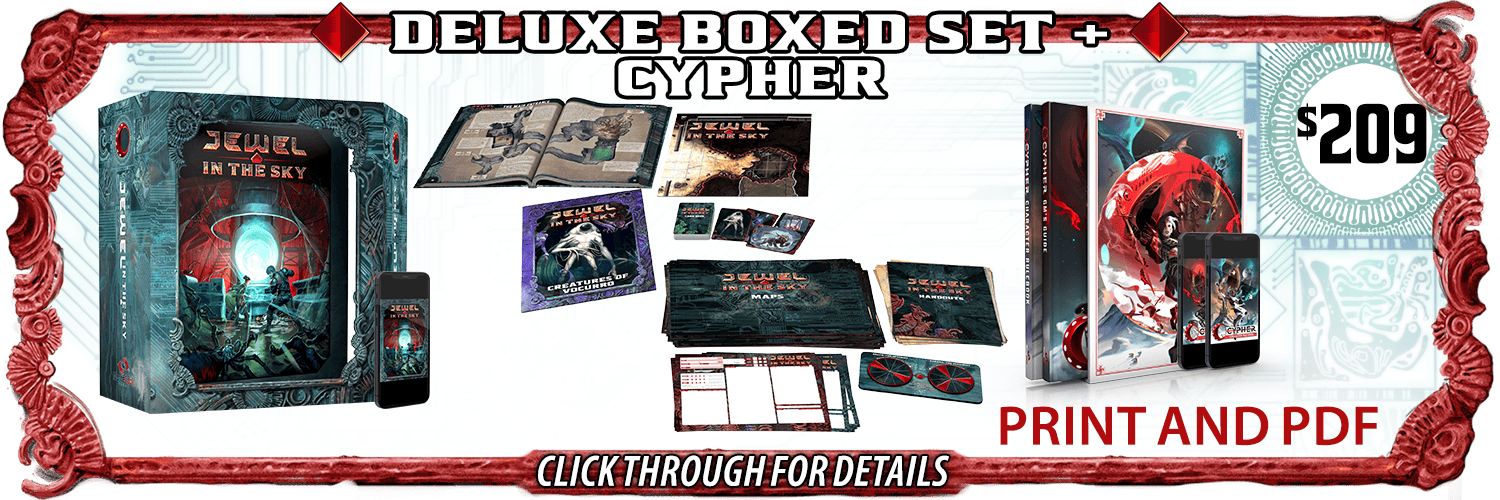 Deluxe Boxed Set in print and PDF, plus the slipcase set of the Cypher Character Rulebook and Cypher GM's Guide in print and PDF. $209.