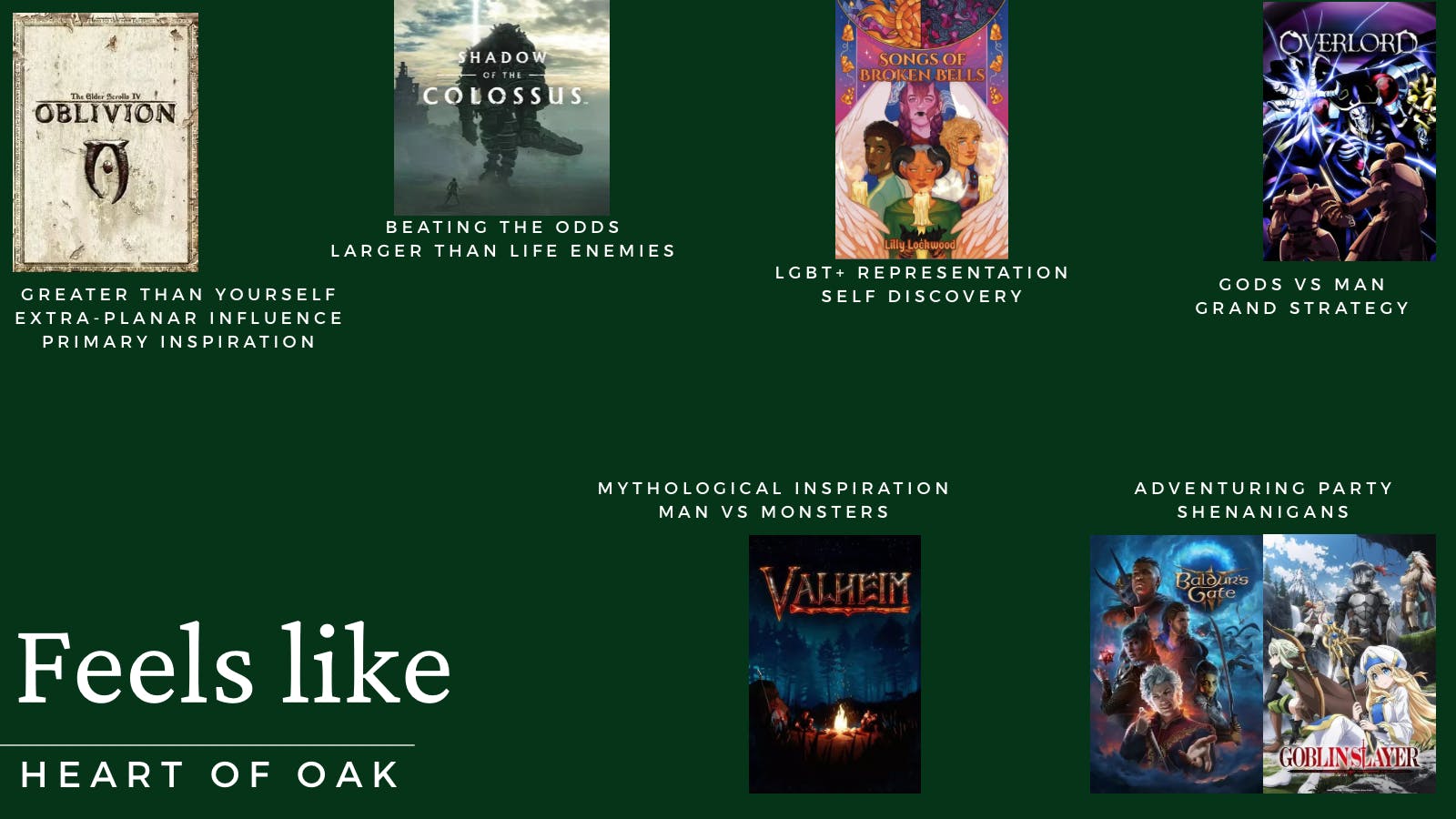 A Feels like page showing 6 different titles and what they have associated with Heart of Oak
