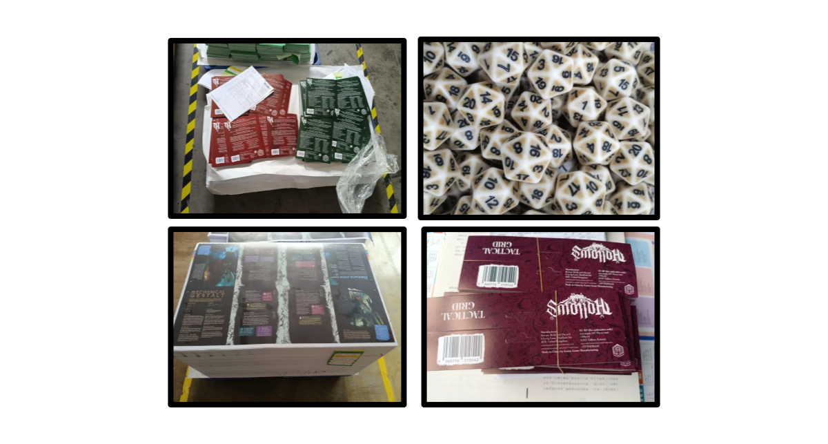 Pictured: A stack of red and green single sheets with blurb and barcode, a satisfyingly deep pile of bone-effect dice, an entire slab of page spreads from the Steel City Hollow, and some deep purple bundles of cardboard packaging for the tactical grid.