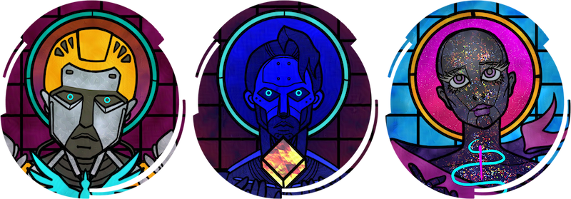 Stained glass style drawings of a silver and yellow laborbot that looks like he does construction, a majority black, hard to see military robot holding a cube, and a black silicone bot that looks female.