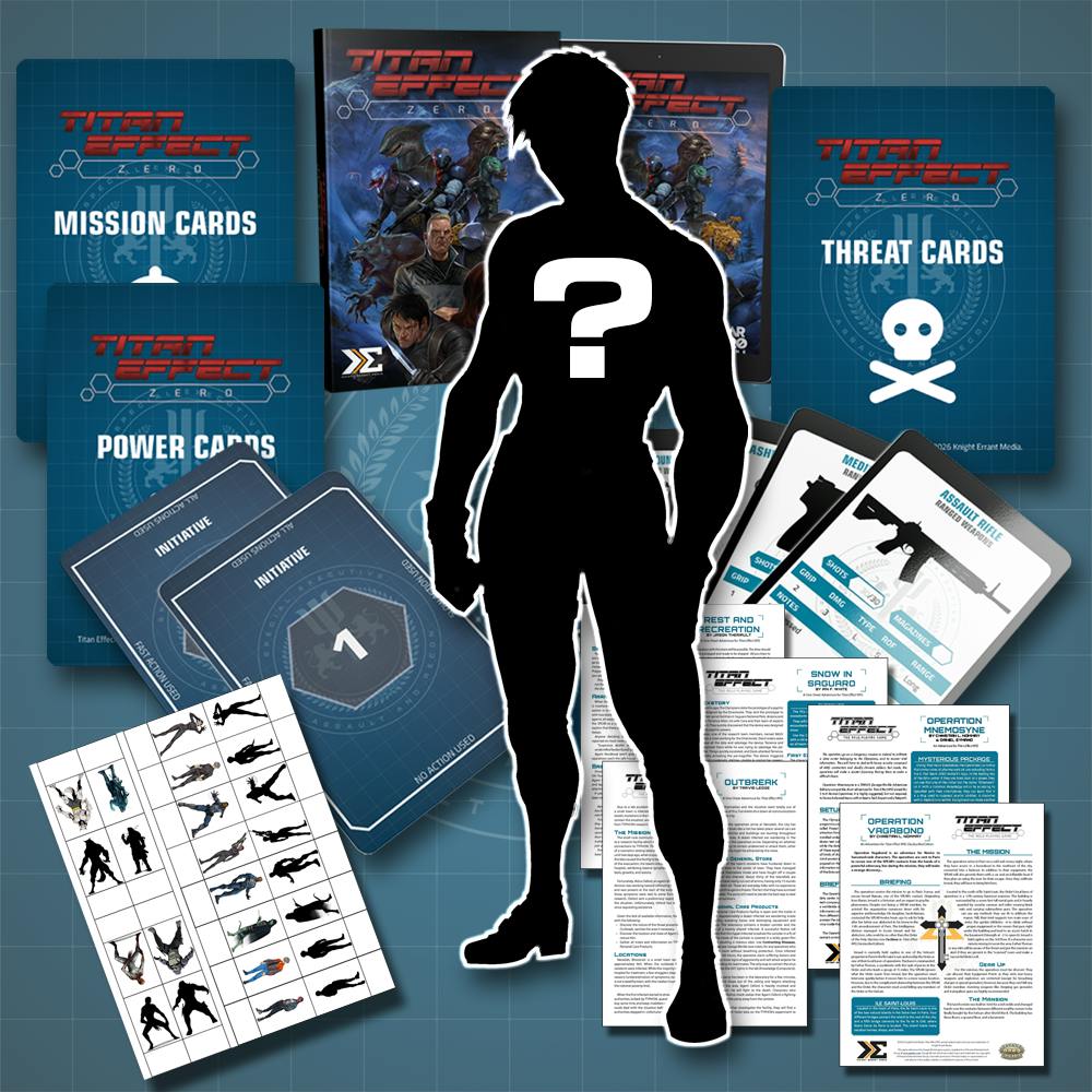 Double Agent pledge reward. "Titan Effect Zero Corebook" + "Titan Effect: The Artbook" + "Custom Character" + "Gear Cards" + "Power Cards" + "Initiative Cards" + "Mission Cards" + "Threat Cards" + "Figure Flats" and "Legacy Mission Pack."