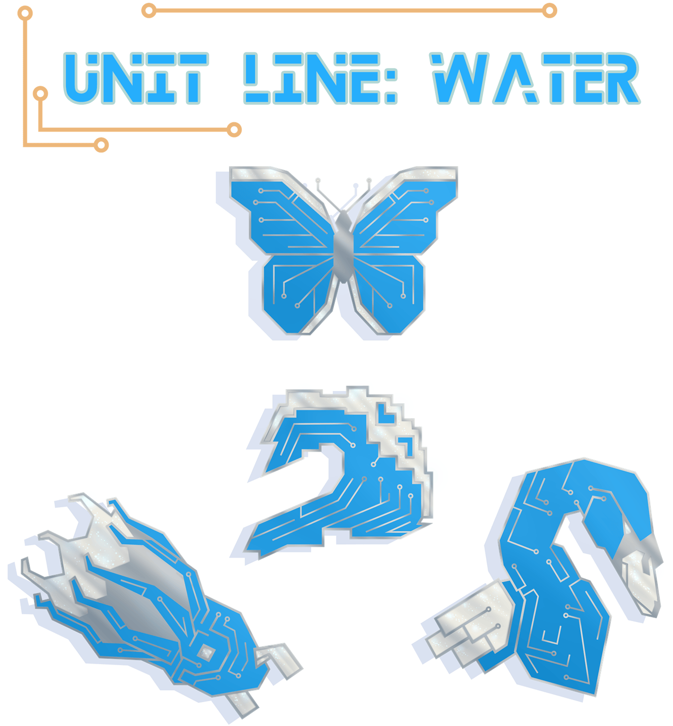 Teaser image of four pin designs, all of them designed to look like blue PCB: a swan, vampire squid, butterfly, and wave. Text on the top reads "Unit Line: Water".