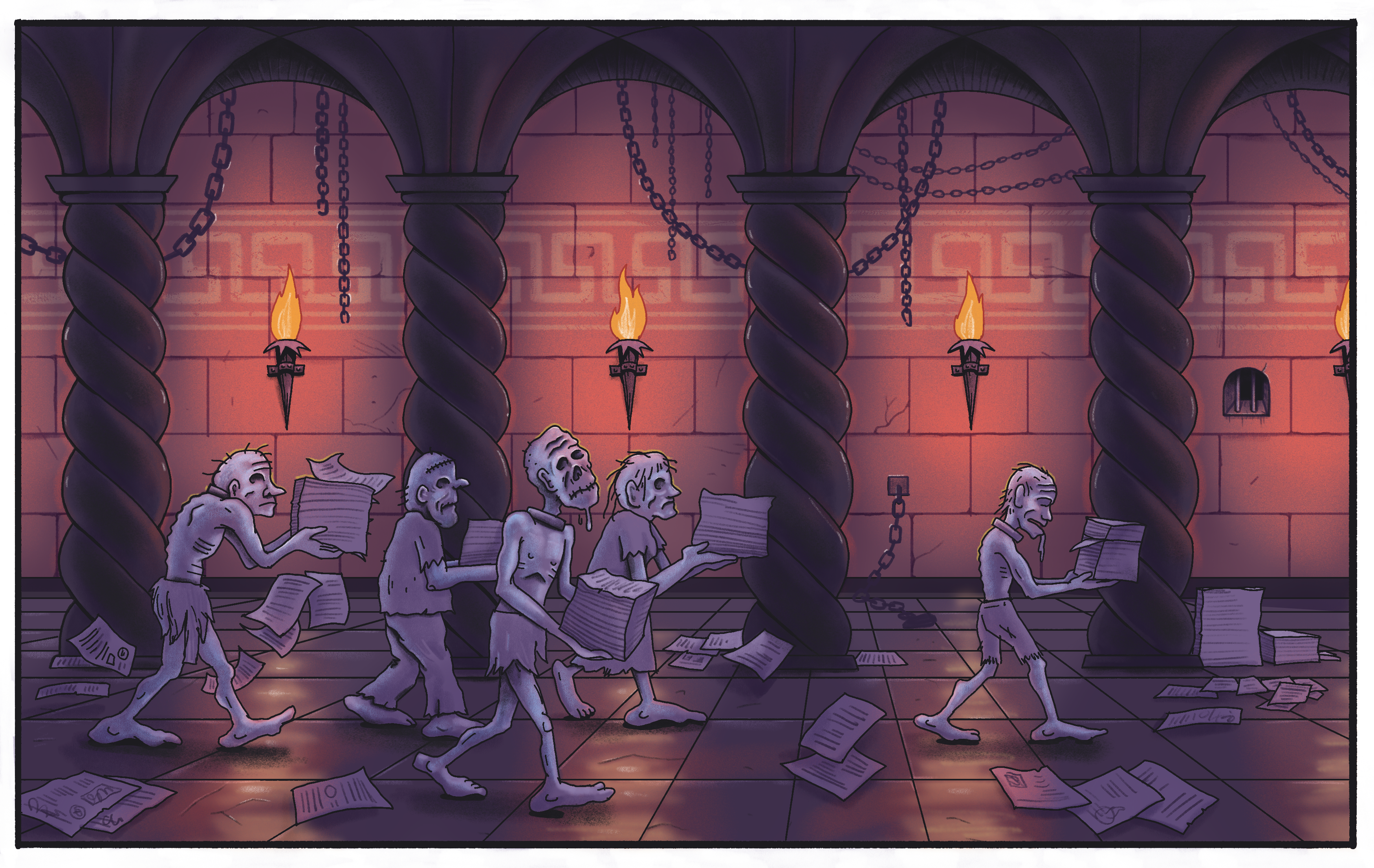 Example art from the book. A group of zombies carries stacks of paper through a torchlit, column-lined hall.