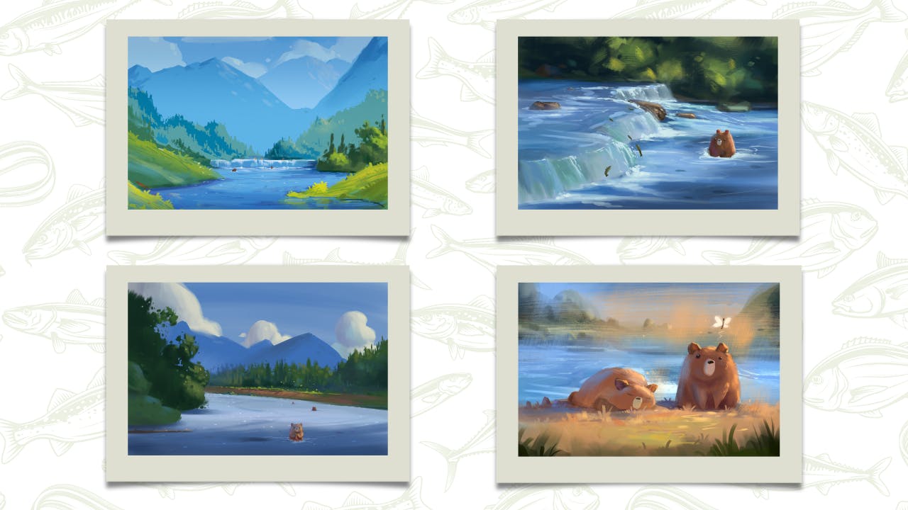 Mockup of four postcards with digital illustrations of the Katmai bears